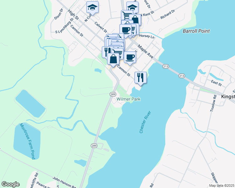 map of restaurants, bars, coffee shops, grocery stores, and more near 407 South Cross Street in Chestertown