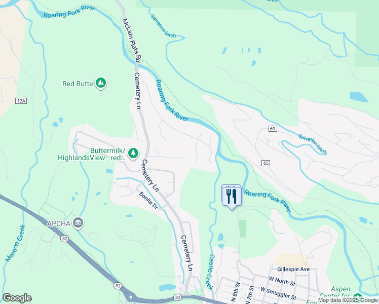 map of restaurants, bars, coffee shops, grocery stores, and more near 1265 Red Butte Drive in Aspen