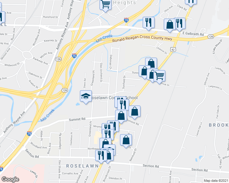 map of restaurants, bars, coffee shops, grocery stores, and more near 7826 Newbedford Avenue in Cincinnati