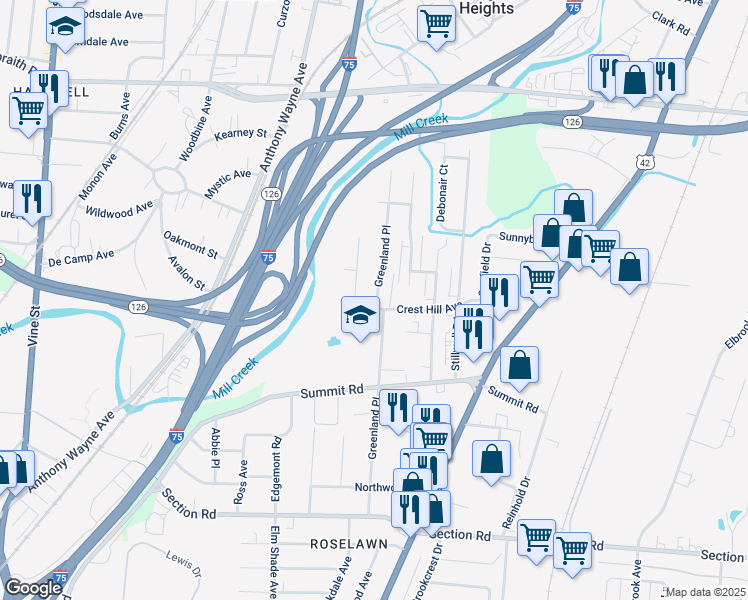map of restaurants, bars, coffee shops, grocery stores, and more near 7817 Greenland Place in Cincinnati