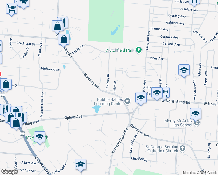 map of restaurants, bars, coffee shops, grocery stores, and more near 6425 Golfway Drive in Cincinnati