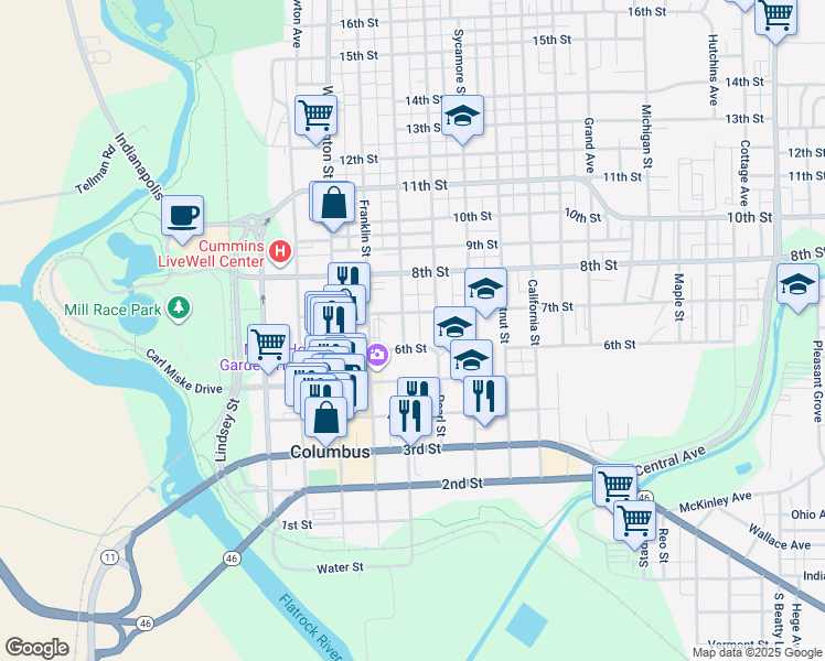 map of restaurants, bars, coffee shops, grocery stores, and more near 645 Lafayette Avenue in Columbus