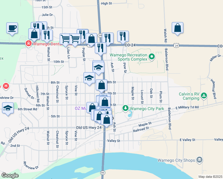 map of restaurants, bars, coffee shops, grocery stores, and more near 722 Lincoln Avenue in Wamego