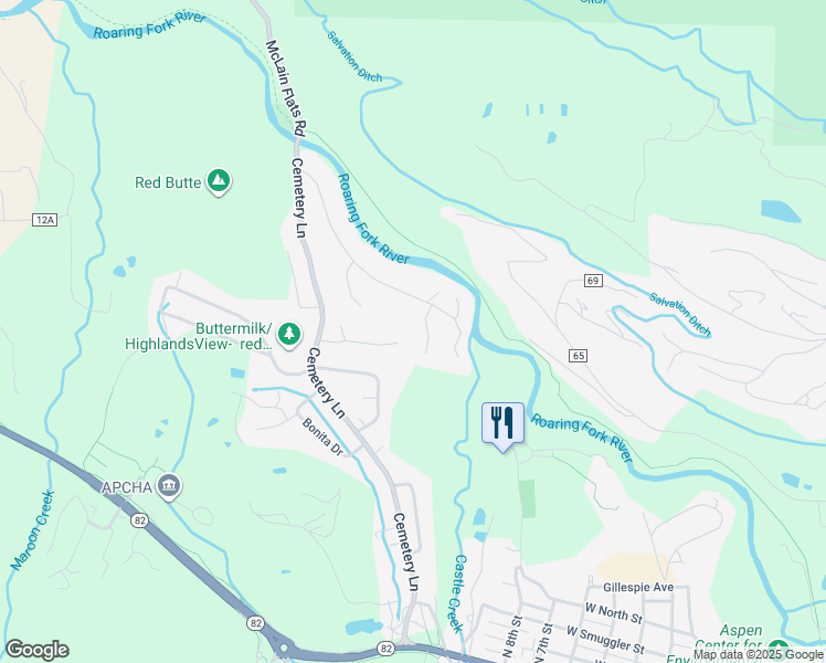 map of restaurants, bars, coffee shops, grocery stores, and more near 1265 Red Butte Drive in Aspen