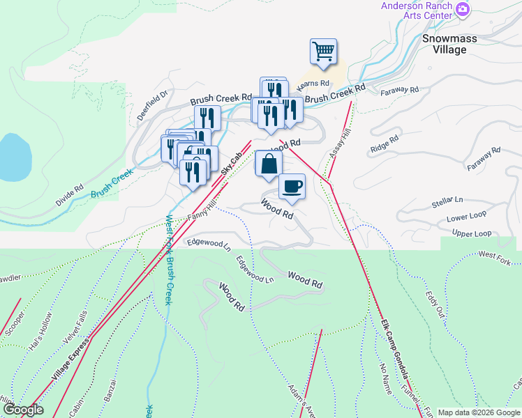 map of restaurants, bars, coffee shops, grocery stores, and more near 24 Village Bound Road in Snowmass Village