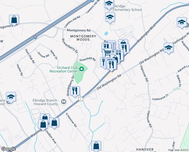 map of restaurants, bars, coffee shops, grocery stores, and more near 6211 Greenfield Road in Elkridge