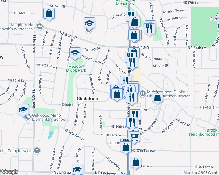 map of restaurants, bars, coffee shops, grocery stores, and more near 2402 Northeast 61st Terrace in Kansas City