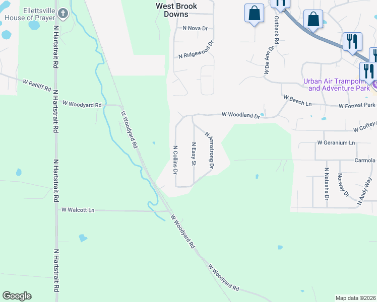 map of restaurants, bars, coffee shops, grocery stores, and more near 3800-3810 North Easy Street in Bloomington
