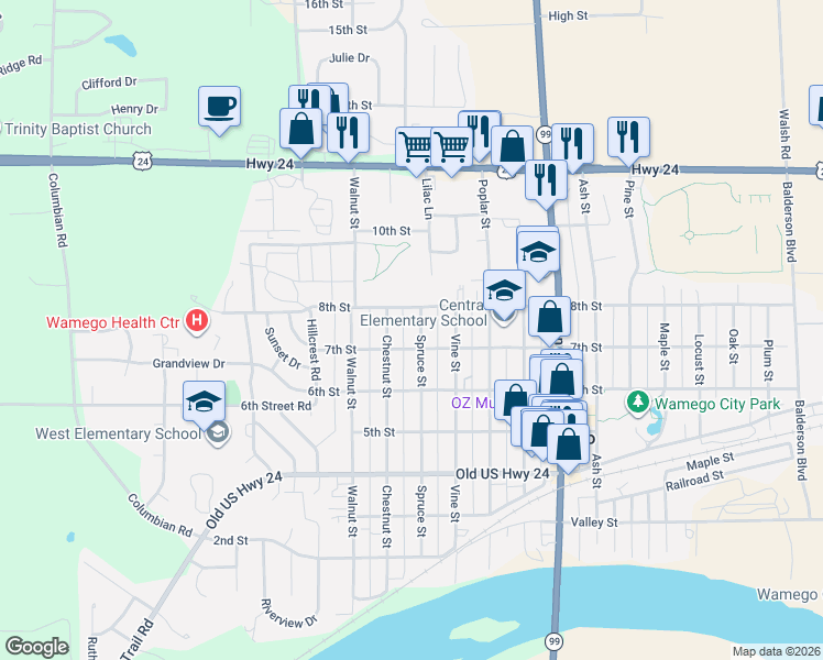 map of restaurants, bars, coffee shops, grocery stores, and more near 711 Spruce Street in Wamego