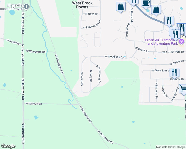 map of restaurants, bars, coffee shops, grocery stores, and more near 3800 North Easy Street in Bloomington