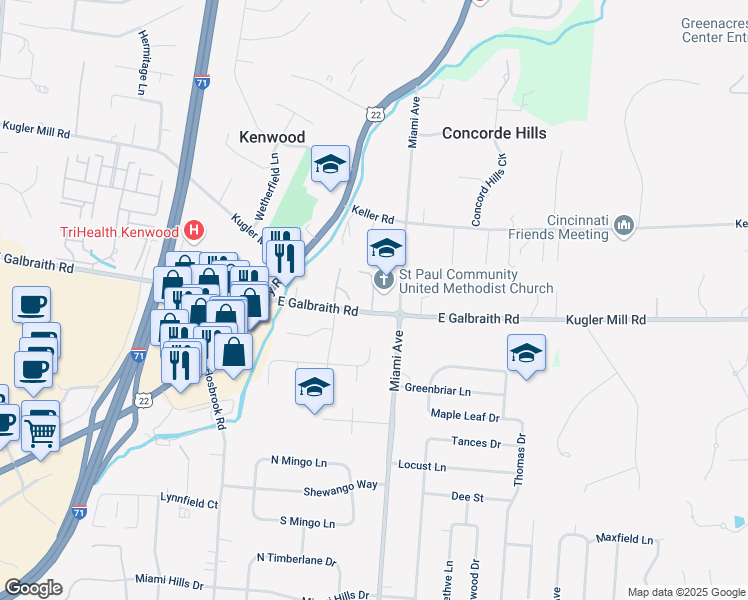map of restaurants, bars, coffee shops, grocery stores, and more near 8241 Asbury Lane in Cincinnati