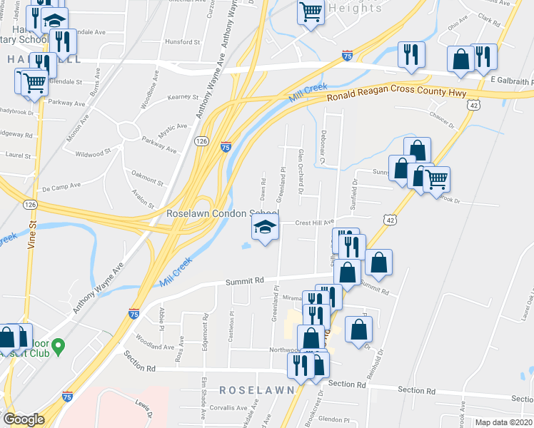 map of restaurants, bars, coffee shops, grocery stores, and more near 7817 Greenland Place in Cincinnati