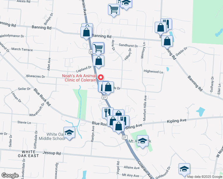 map of restaurants, bars, coffee shops, grocery stores, and more near 2800 Byrneside Drive in Cincinnati