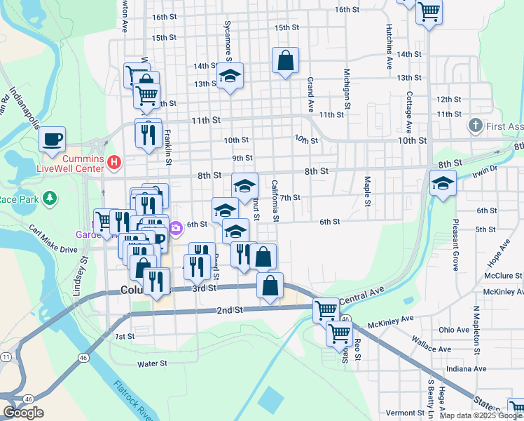 map of restaurants, bars, coffee shops, grocery stores, and more near 628 California Street in Columbus