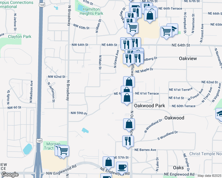 map of restaurants, bars, coffee shops, grocery stores, and more near 36 Northeast 61st Street in Gladstone