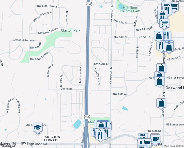 map of restaurants, bars, coffee shops, grocery stores, and more near 6108 North Jefferson Street in Kansas City