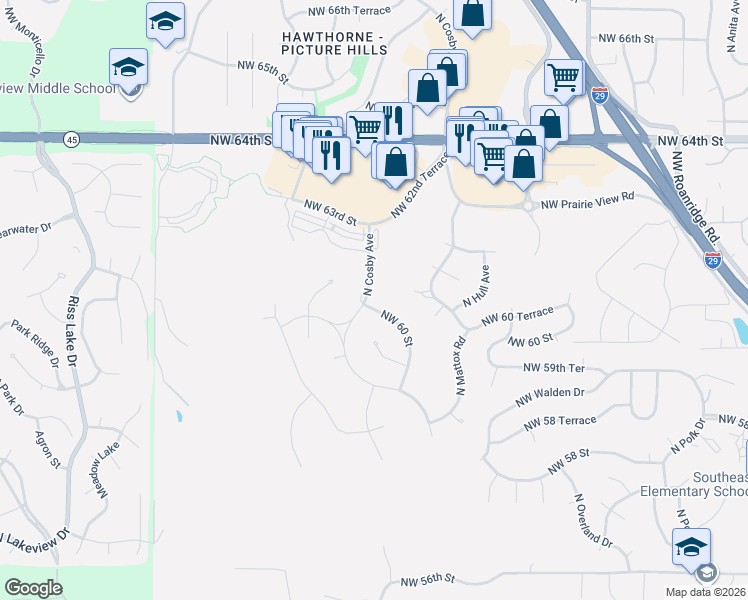 map of restaurants, bars, coffee shops, grocery stores, and more near 6004 North Cosby Avenue in Kansas City