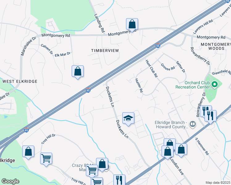 map of restaurants, bars, coffee shops, grocery stores, and more near 6061 Ducketts Lane in Elkridge
