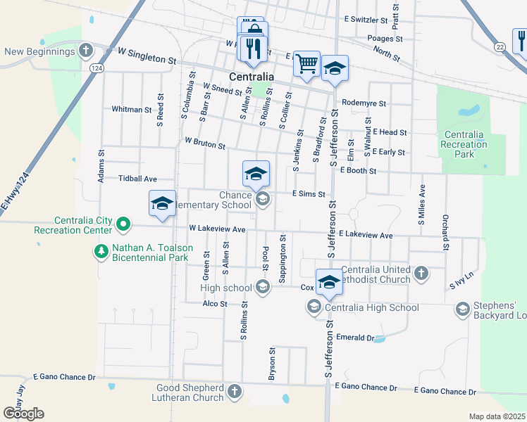 map of restaurants, bars, coffee shops, grocery stores, and more near 510 South Rollins Street in Centralia