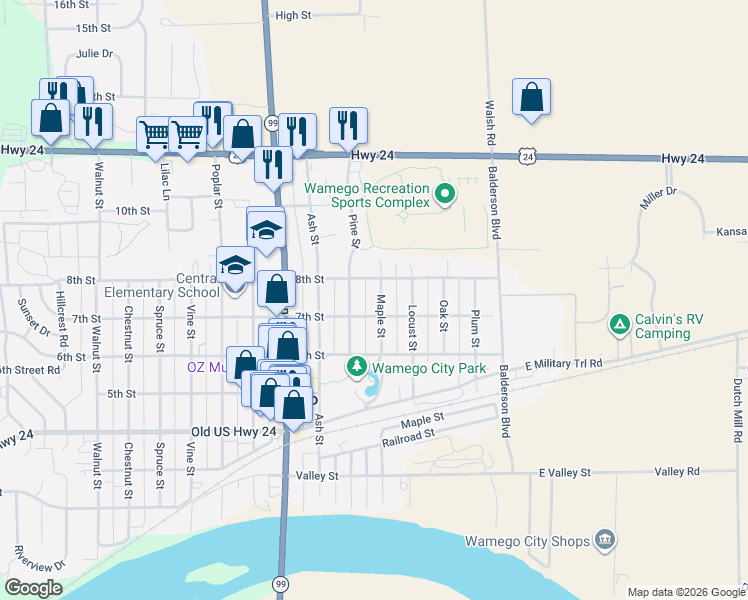 map of restaurants, bars, coffee shops, grocery stores, and more near 711 Maple Street in Wamego