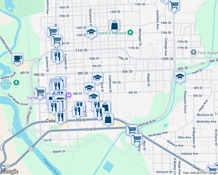 map of restaurants, bars, coffee shops, grocery stores, and more near 628 California Street in Columbus