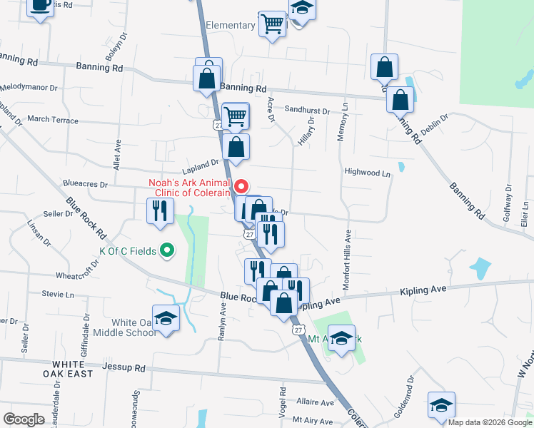 map of restaurants, bars, coffee shops, grocery stores, and more near 2800 Byrneside Drive in Cincinnati