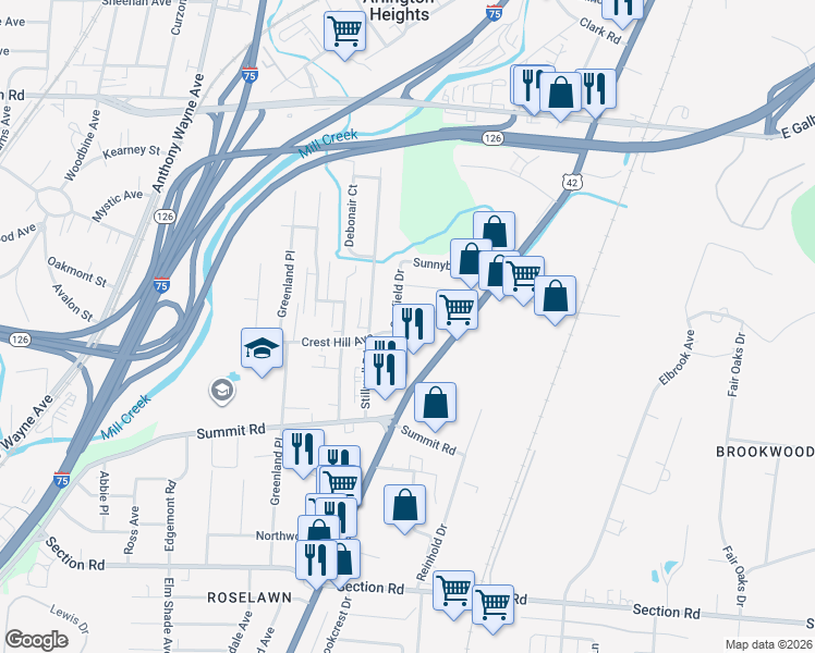 map of restaurants, bars, coffee shops, grocery stores, and more near 1821 Colmar Lane in Cincinnati