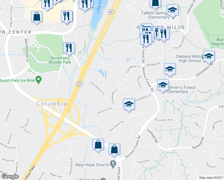 map of restaurants, bars, coffee shops, grocery stores, and more near 6038 Camelback Lane in Columbia
