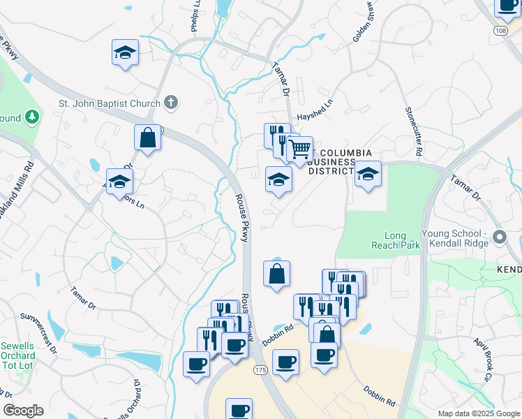 map of restaurants, bars, coffee shops, grocery stores, and more near 6150 Foreland Garth in Columbia