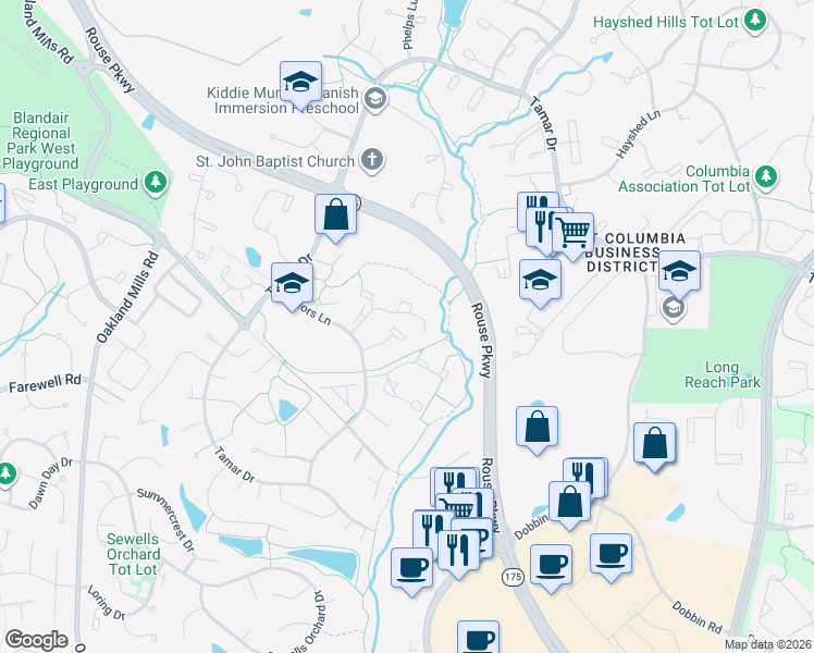 map of restaurants, bars, coffee shops, grocery stores, and more near 6097 Majors Lane in Columbia