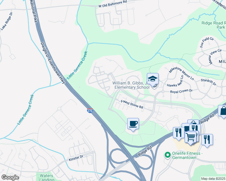 map of restaurants, bars, coffee shops, grocery stores, and more near 21220 Dorsey Spring Place in Germantown