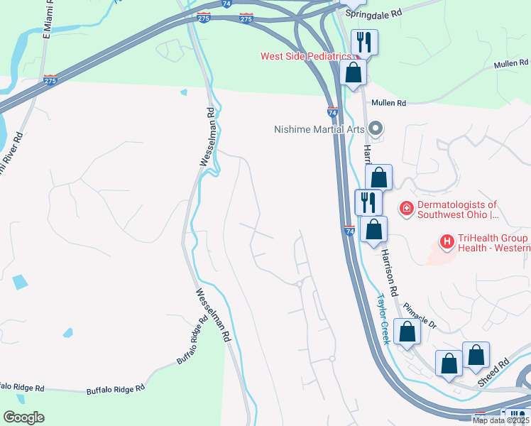 map of restaurants, bars, coffee shops, grocery stores, and more near 7512 Bridge Point Pass in Cincinnati