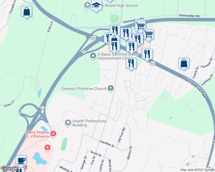 map of restaurants, bars, coffee shops, grocery stores, and more near 130 Margaret Lane in Winchester
