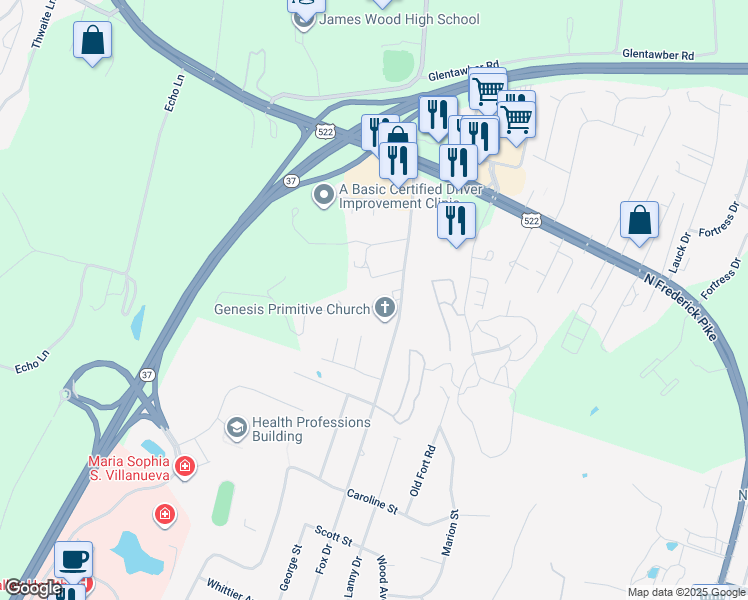 map of restaurants, bars, coffee shops, grocery stores, and more near 130 Margaret Lane in Winchester