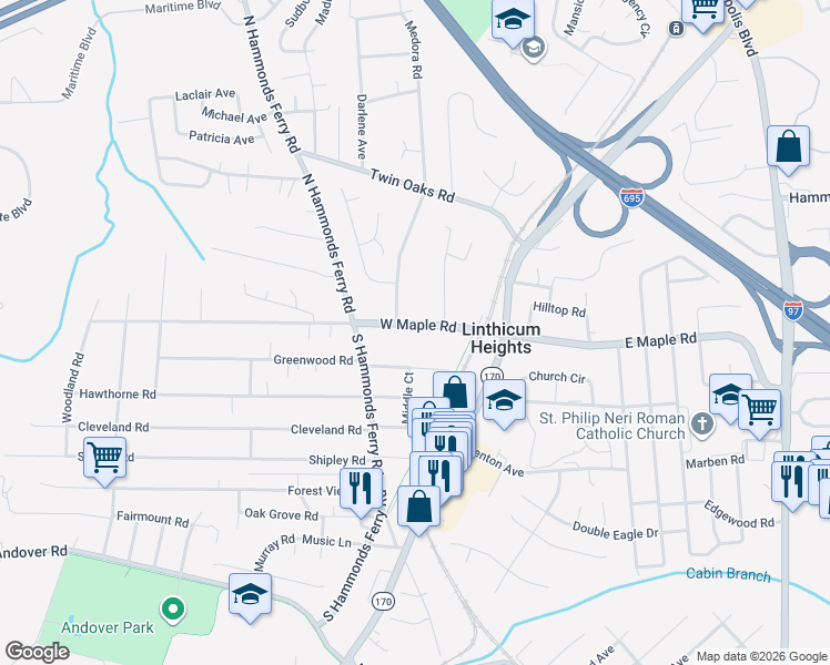 map of restaurants, bars, coffee shops, grocery stores, and more near 209 West Maple Road in Linthicum Heights