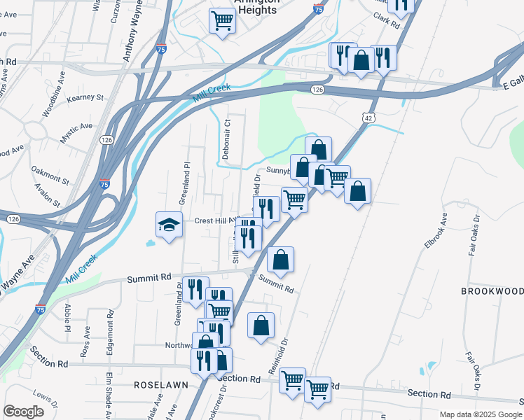 map of restaurants, bars, coffee shops, grocery stores, and more near 1821 Colmar Lane in Cincinnati