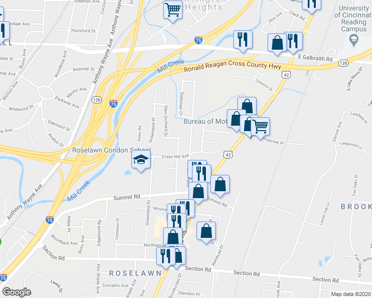 map of restaurants, bars, coffee shops, grocery stores, and more near 7826 Newbedford Avenue in Cincinnati
