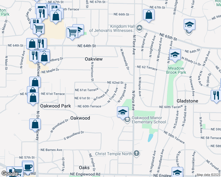 map of restaurants, bars, coffee shops, grocery stores, and more near 6104 North Forest Avenue in Kansas City