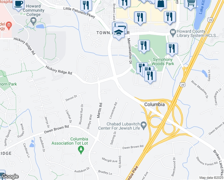 map of restaurants, bars, coffee shops, grocery stores, and more near 6216 Ashton Park Court in Columbia