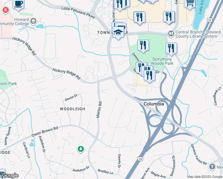map of restaurants, bars, coffee shops, grocery stores, and more near 6216 Ashton Park Court in Columbia