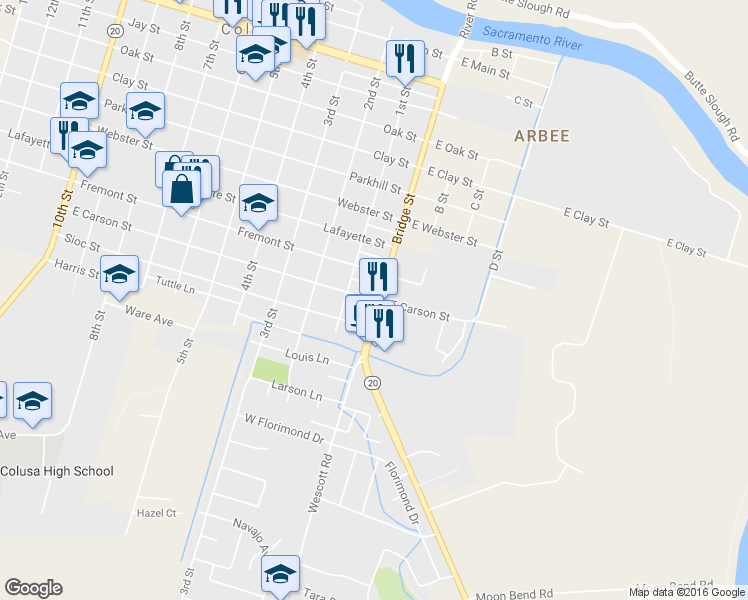 map of restaurants, bars, coffee shops, grocery stores, and more near 14 Carson Street in Colusa