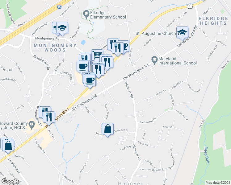 map of restaurants, bars, coffee shops, grocery stores, and more near 6283 Old Washington Rd in Elkridge