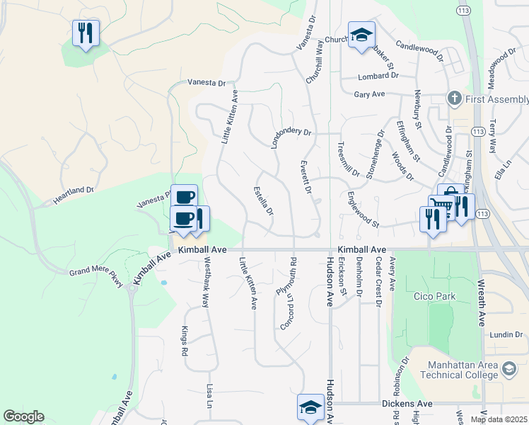 map of restaurants, bars, coffee shops, grocery stores, and more near 2021 Estella Drive in Manhattan