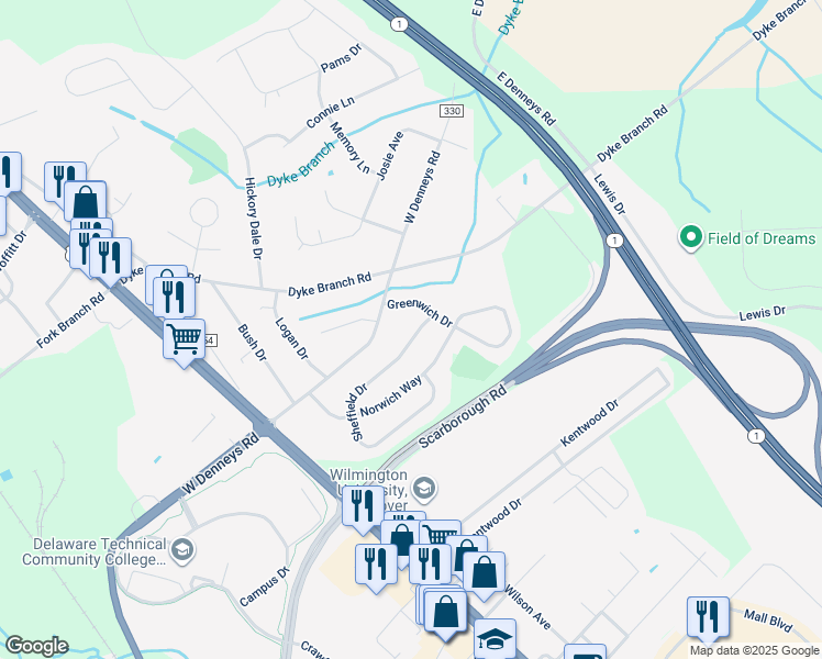 map of restaurants, bars, coffee shops, grocery stores, and more near 115 Sheffield Drive in Dover