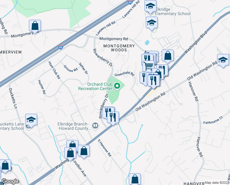 map of restaurants, bars, coffee shops, grocery stores, and more near 6320 Orchard Club Drive in Elkridge