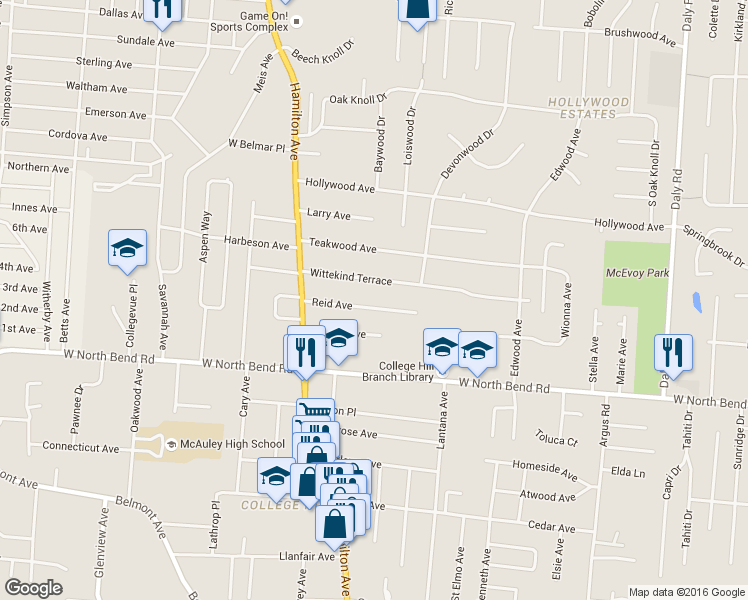 map of restaurants, bars, coffee shops, grocery stores, and more near 1530 Reid Avenue in Cincinnati