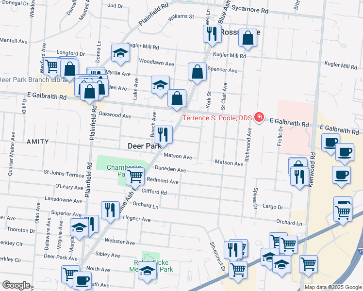 map of restaurants, bars, coffee shops, grocery stores, and more near 4355 Schenck Avenue in Cincinnati