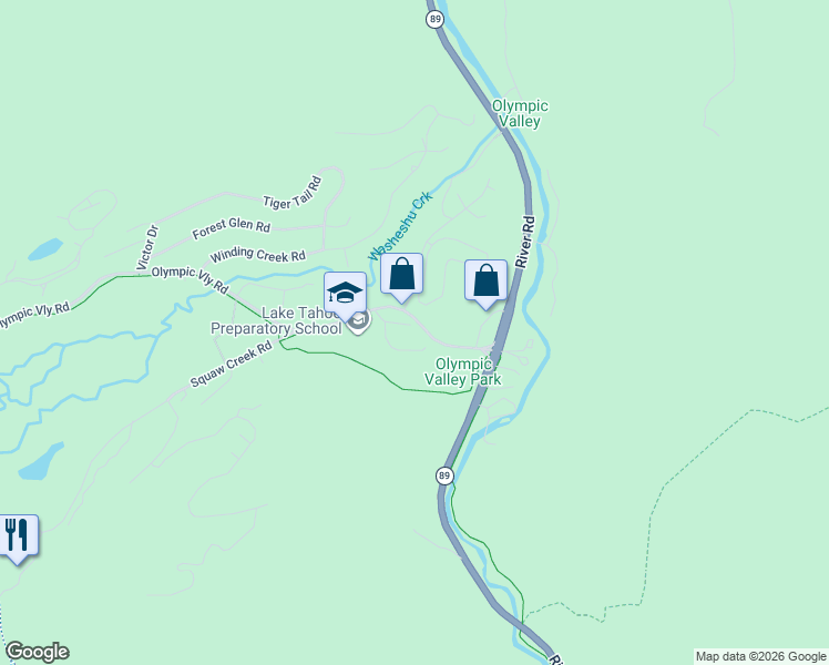 map of restaurants, bars, coffee shops, grocery stores, and more near 227 Squaw Valley Road in Olympic Valley