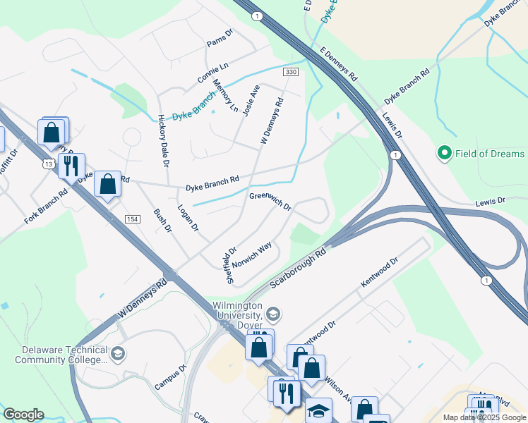 map of restaurants, bars, coffee shops, grocery stores, and more near 115 Sheffield Drive in Dover