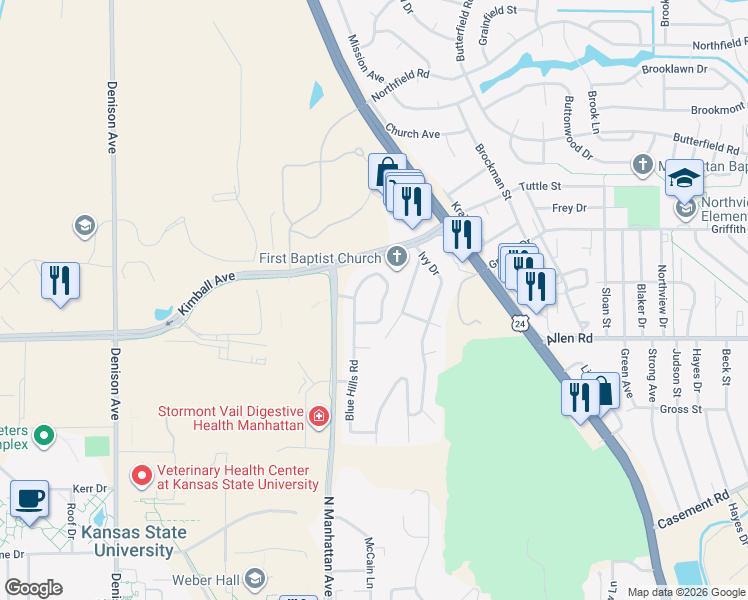 map of restaurants, bars, coffee shops, grocery stores, and more near 2132 Bluehills Rd in Manhattan